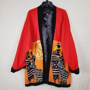 Vintage Ashro open front kimono jacket Size 24 Orange Red Artsy Retro African